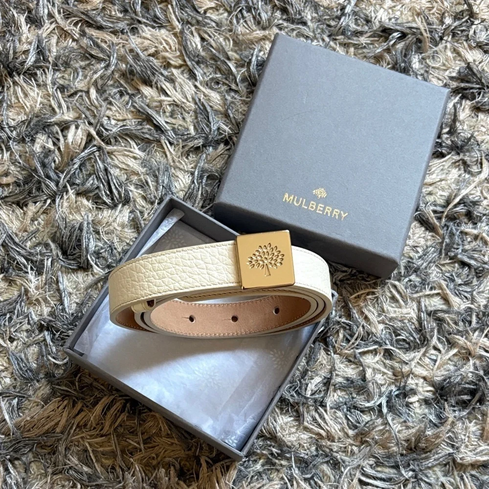 Mulberry Off-White Leather Belt with Gold Logo Buckle